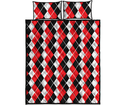 Red Black And White Argyle Print Quilt Bed Set
