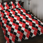 Red Black And White Argyle Print Quilt Bed Set