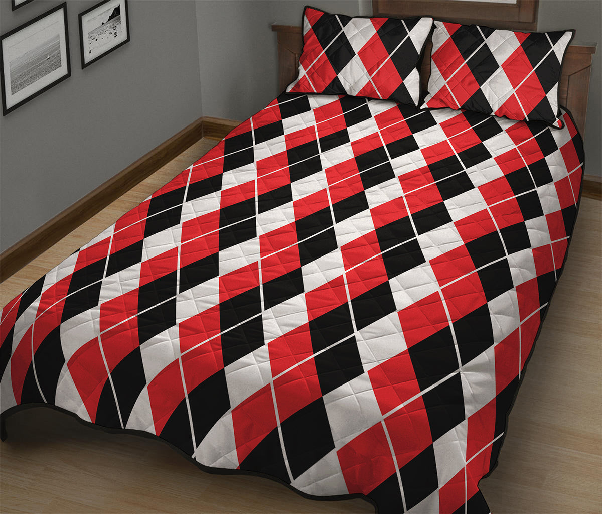 Red Black And White Argyle Print Quilt Bed Set