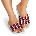 Red Black And White Argyle Print White Slide Sandals