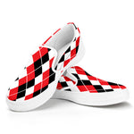 Red Black And White Argyle Print White Slip On Shoes