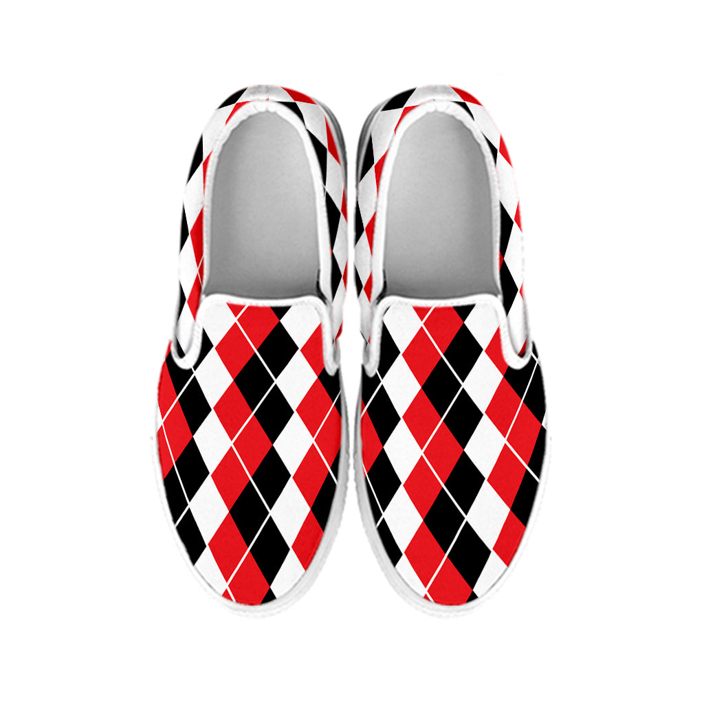 Red Black And White Argyle Print White Slip On Shoes