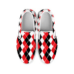 Red Black And White Argyle Print White Slip On Shoes