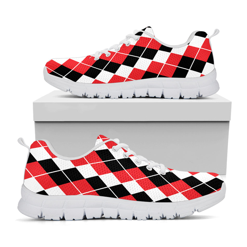Red Black And White Argyle Print White Sneakers
