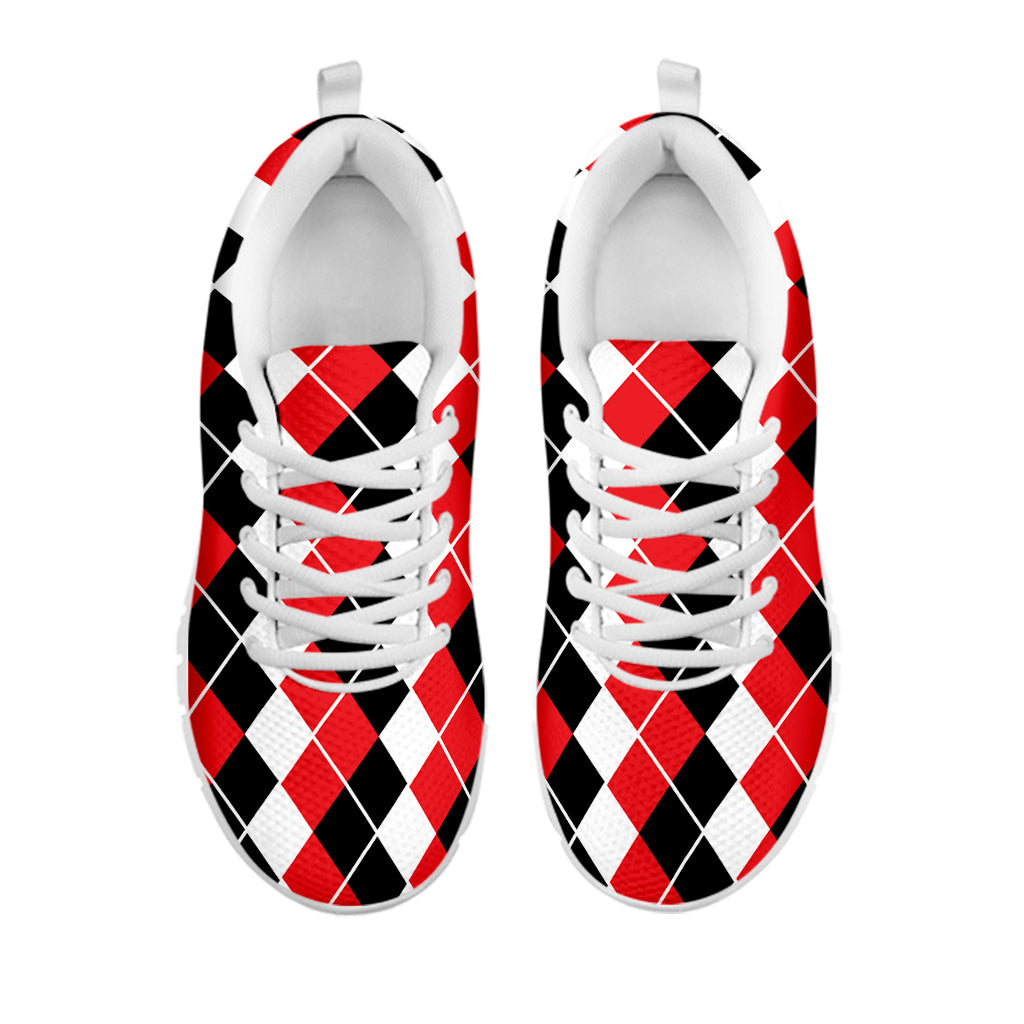 Red Black And White Argyle Print White Sneakers