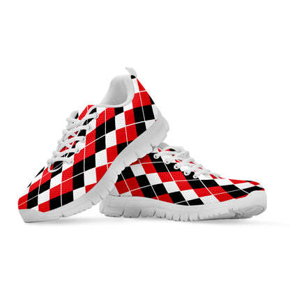 Red Black And White Argyle Print White Sneakers