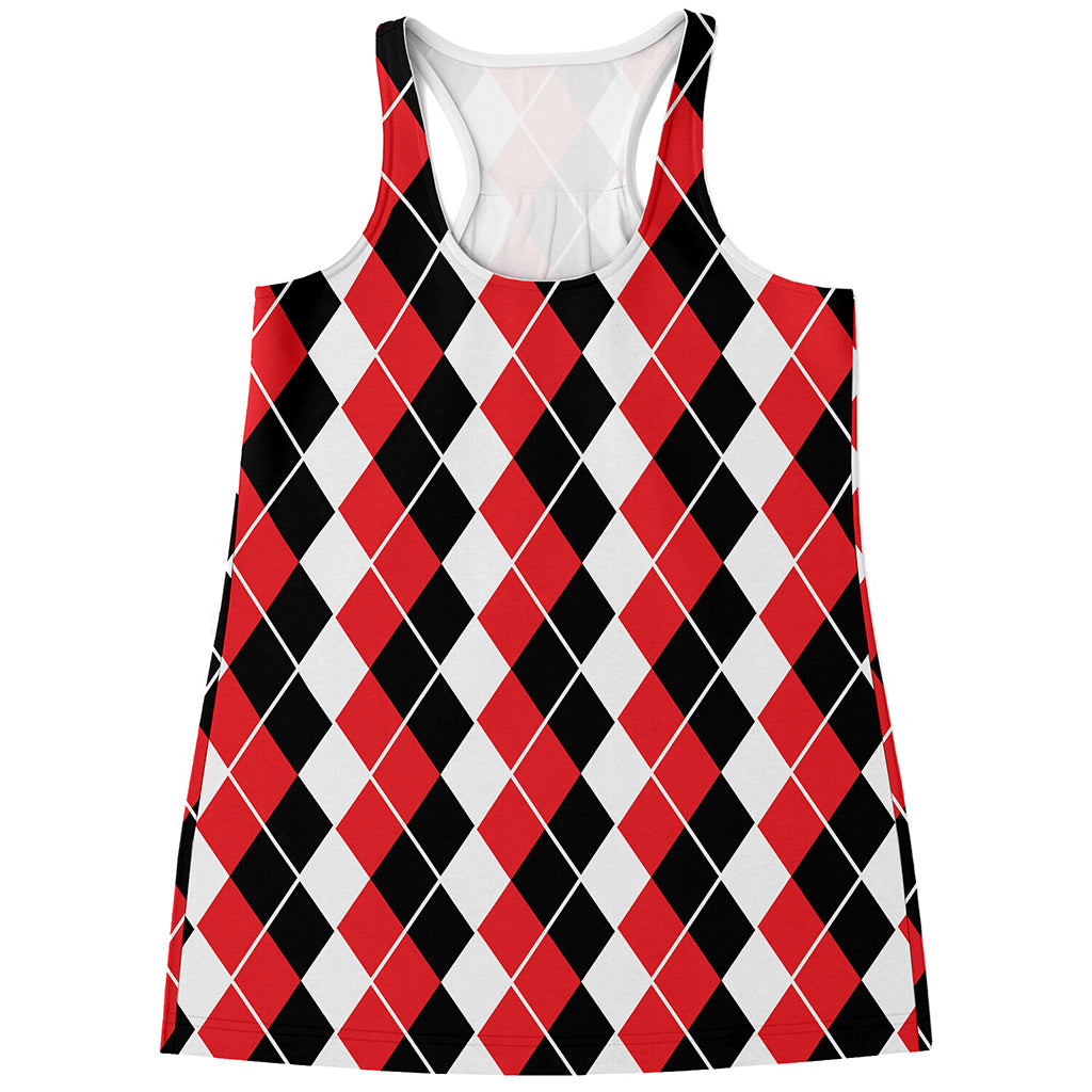 Red Black And White Argyle Print Women's Racerback Tank Top