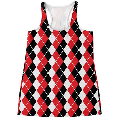 Red Black And White Argyle Print Women's Racerback Tank Top