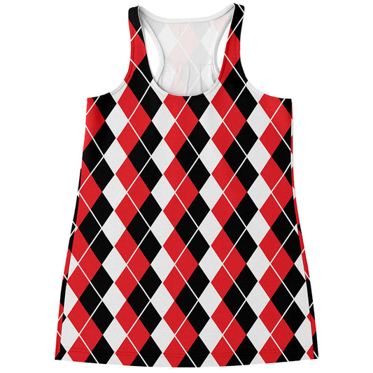 Red Black And White Argyle Print Women's Racerback Tank Top