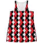 Red Black And White Argyle Print Women's Racerback Tank Top