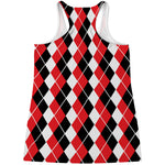 Red Black And White Argyle Print Women's Racerback Tank Top