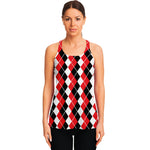Red Black And White Argyle Print Women's Racerback Tank Top