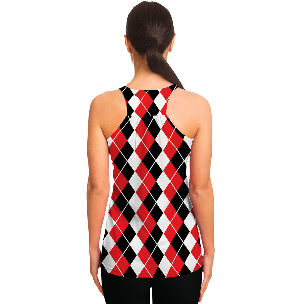 Red Black And White Argyle Print Women's Racerback Tank Top