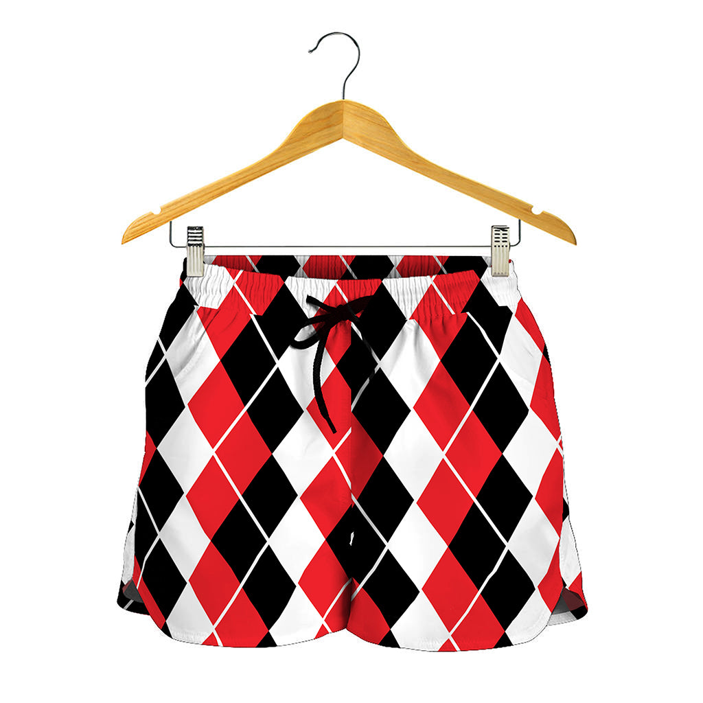 Red Black And White Argyle Print Women's Shorts