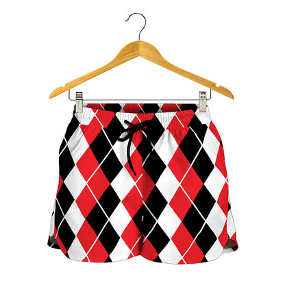 Red Black And White Argyle Print Women's Shorts