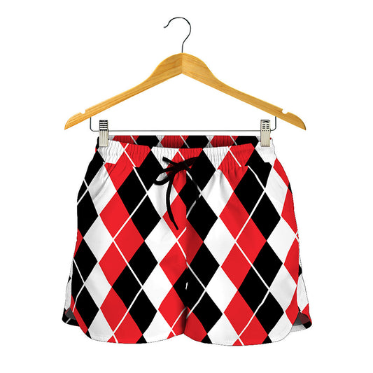Red Black And White Argyle Print Women's Shorts