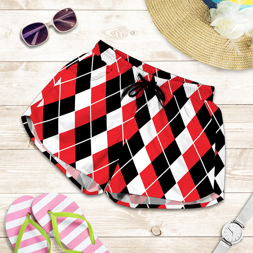 Red Black And White Argyle Print Women's Shorts