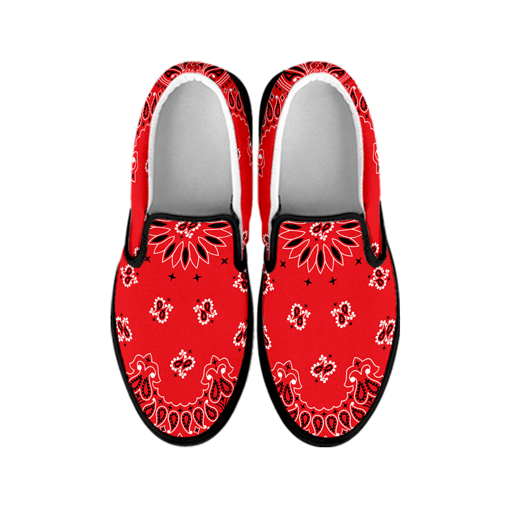 Red Black And White Bandana Print Black Slip On Shoes