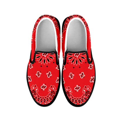Red Black And White Bandana Print Black Slip On Shoes