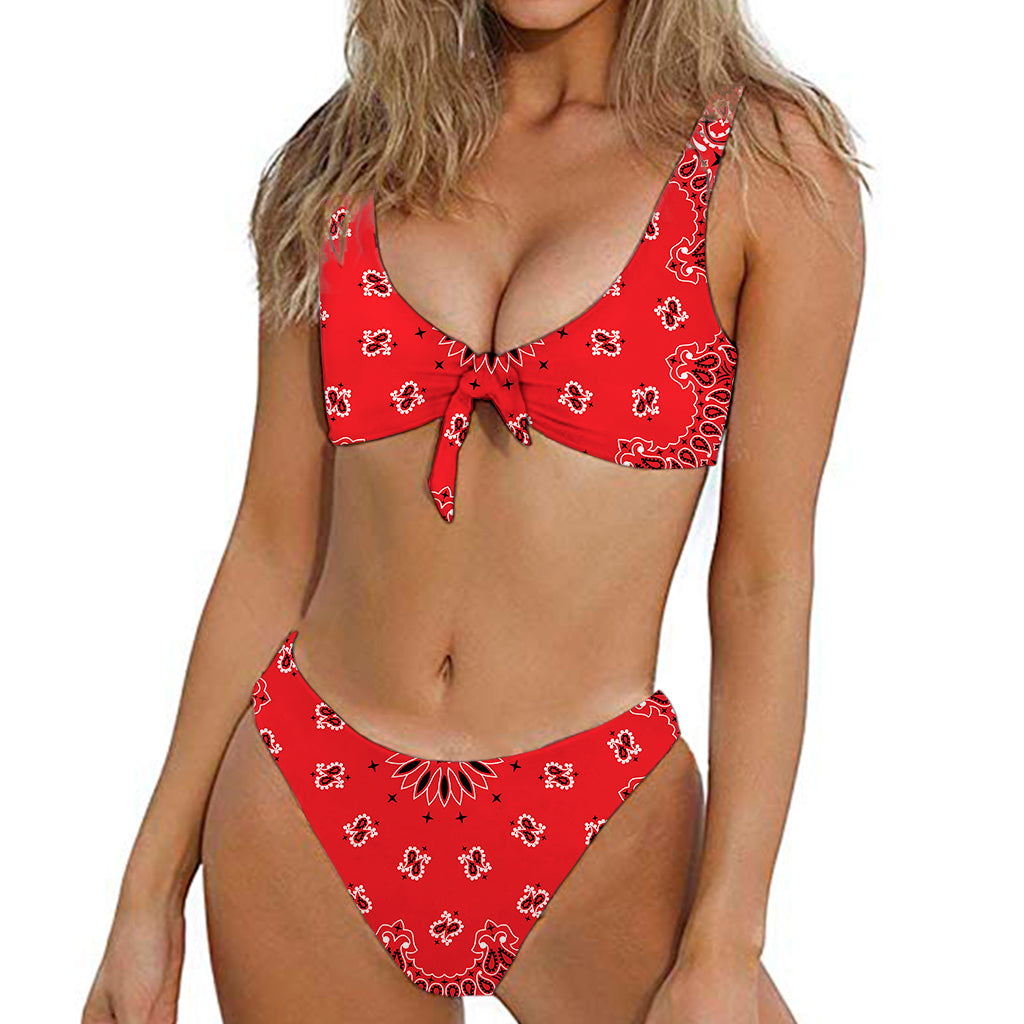 Red Black And White Bandana Print Front Bow Tie Bikini