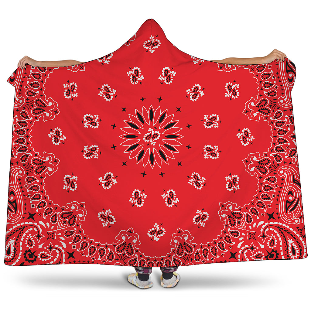 Red Black And White Bandana Print Hooded Blanket