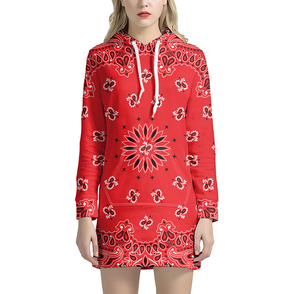Red Black And White Bandana Print Pullover Hoodie Dress