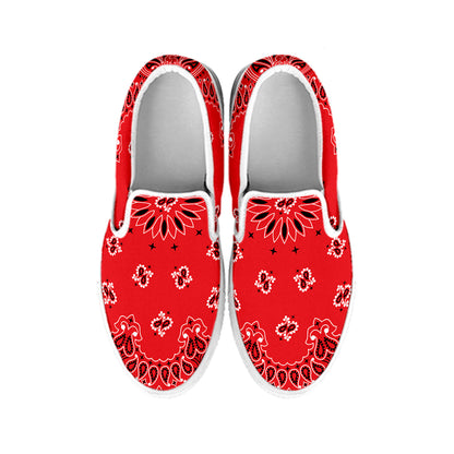 Red Black And White Bandana Print White Slip On Shoes