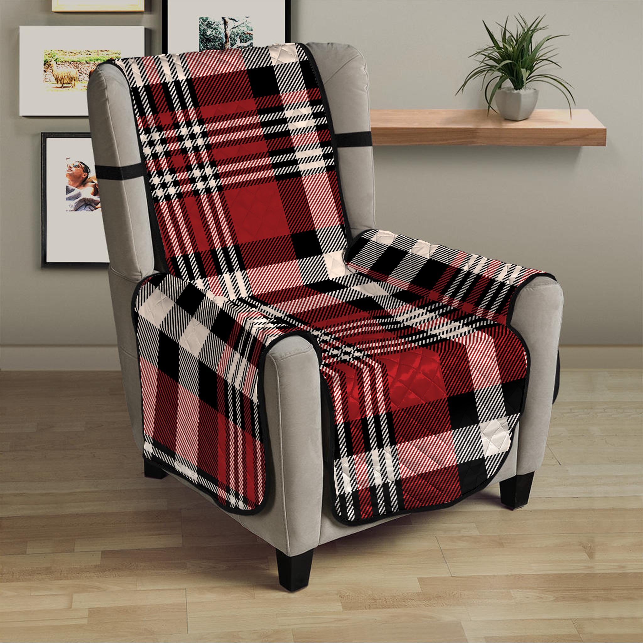 Red Black And White Border Tartan Print Armchair Protector