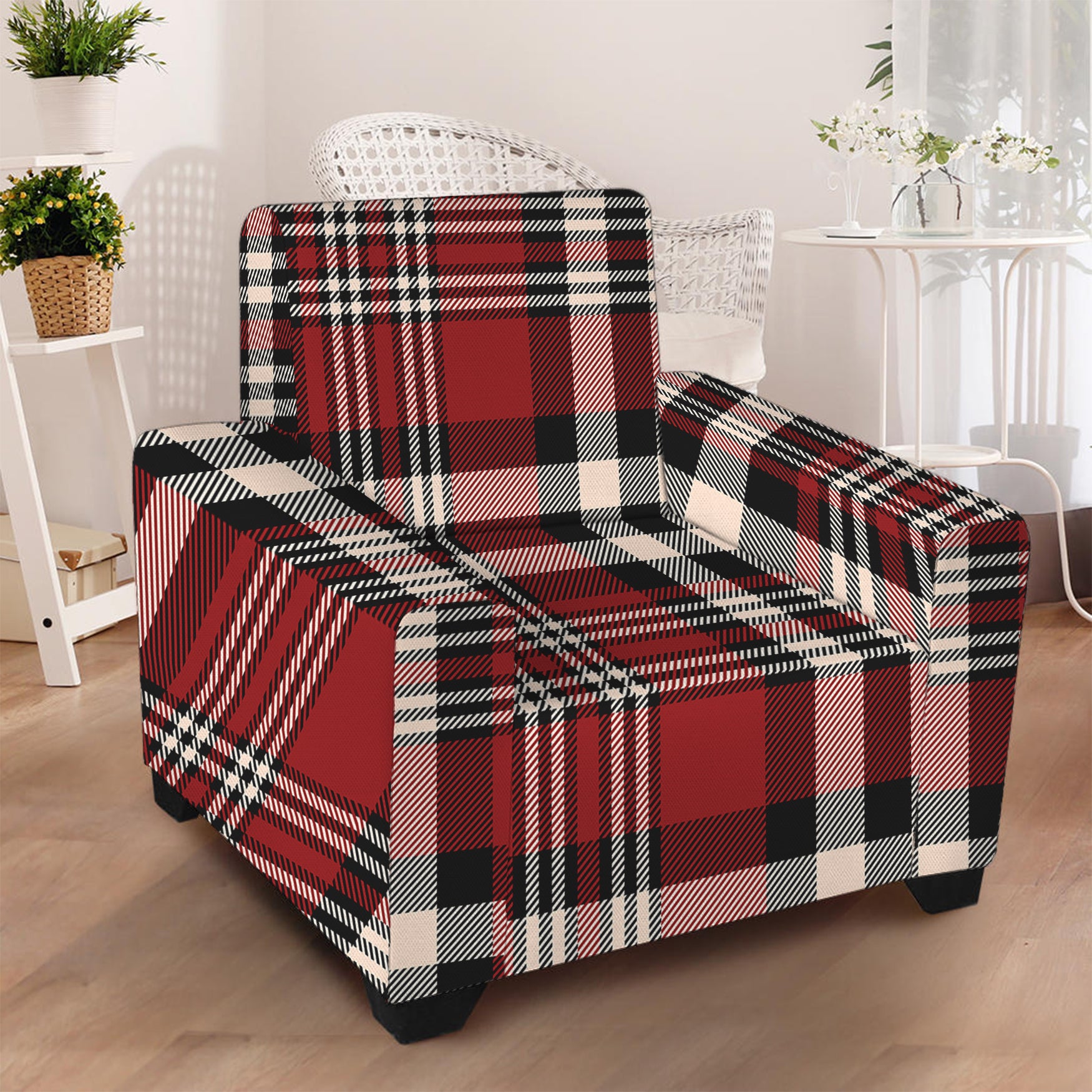 Red Black And White Border Tartan Print Armchair Slipcover