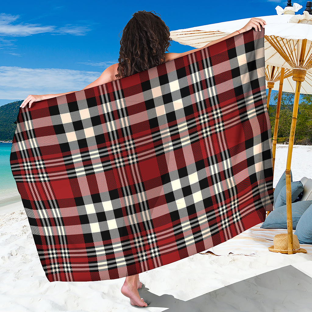 Red Black And White Border Tartan Print Beach Sarong Wrap