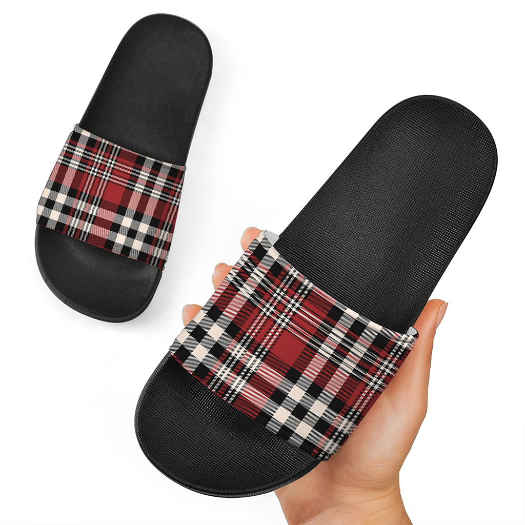 Red Black And White Border Tartan Print Black Slide Sandals