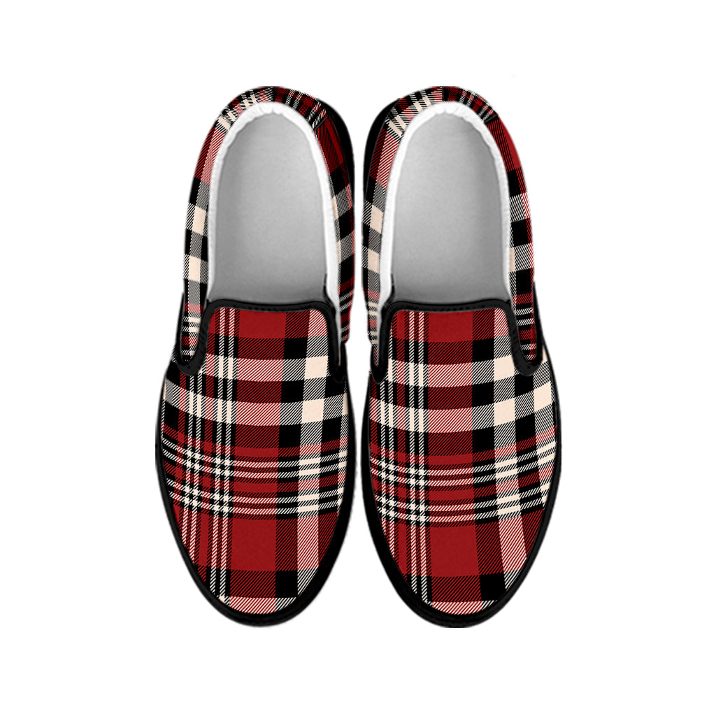 Red Black And White Border Tartan Print Black Slip On Shoes