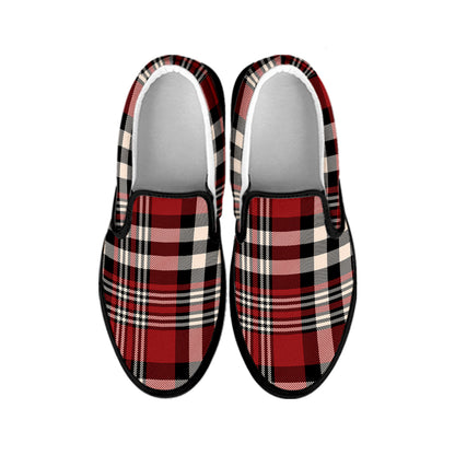 Red Black And White Border Tartan Print Black Slip On Shoes