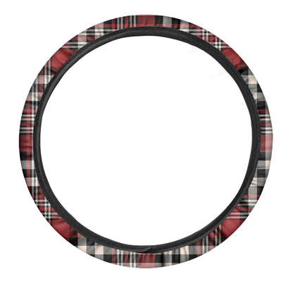Red Black And White Border Tartan Print Car Steering Wheel Cover