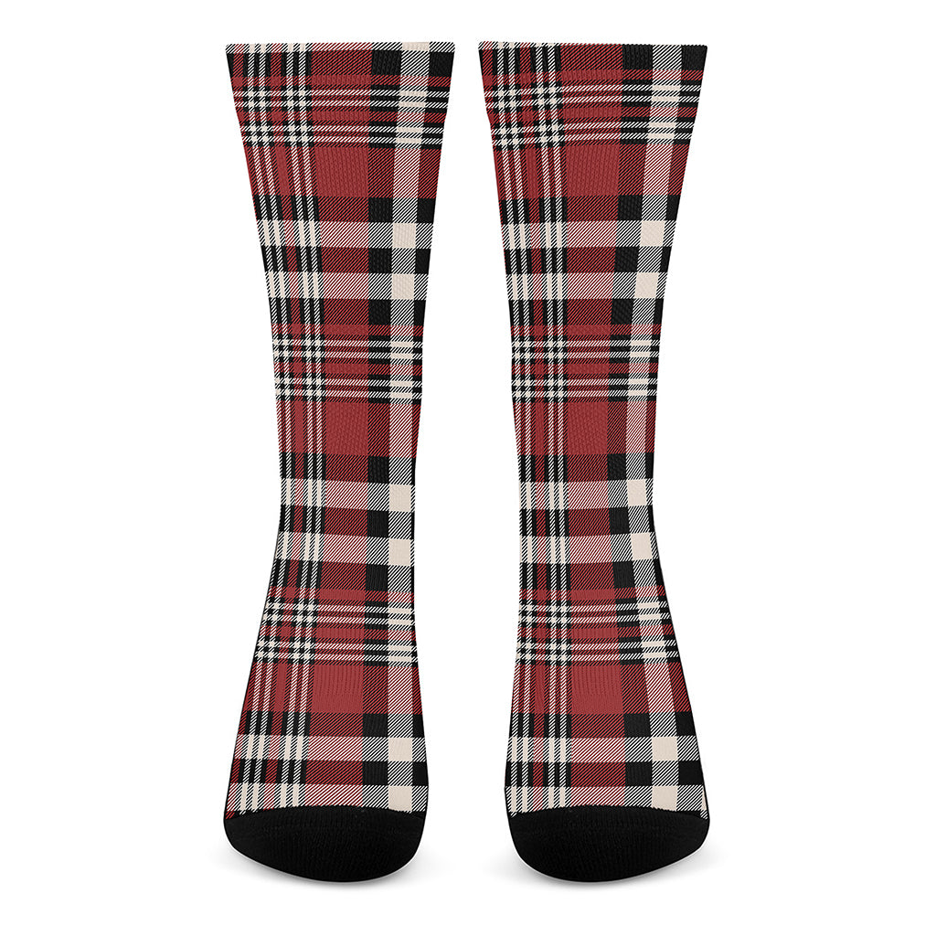 Red Black And White Border Tartan Print Crew Socks