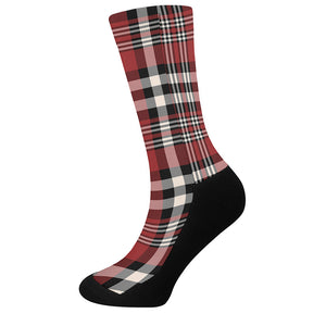 Red Black And White Border Tartan Print Crew Socks