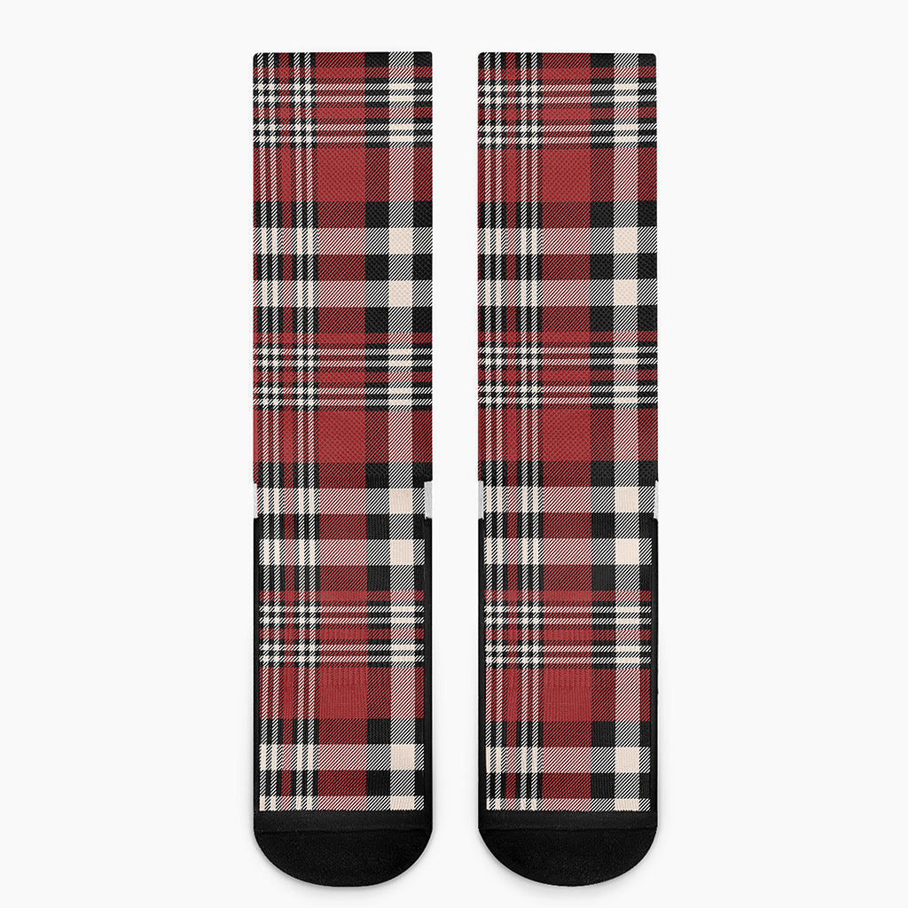 Red Black And White Border Tartan Print Crew Socks