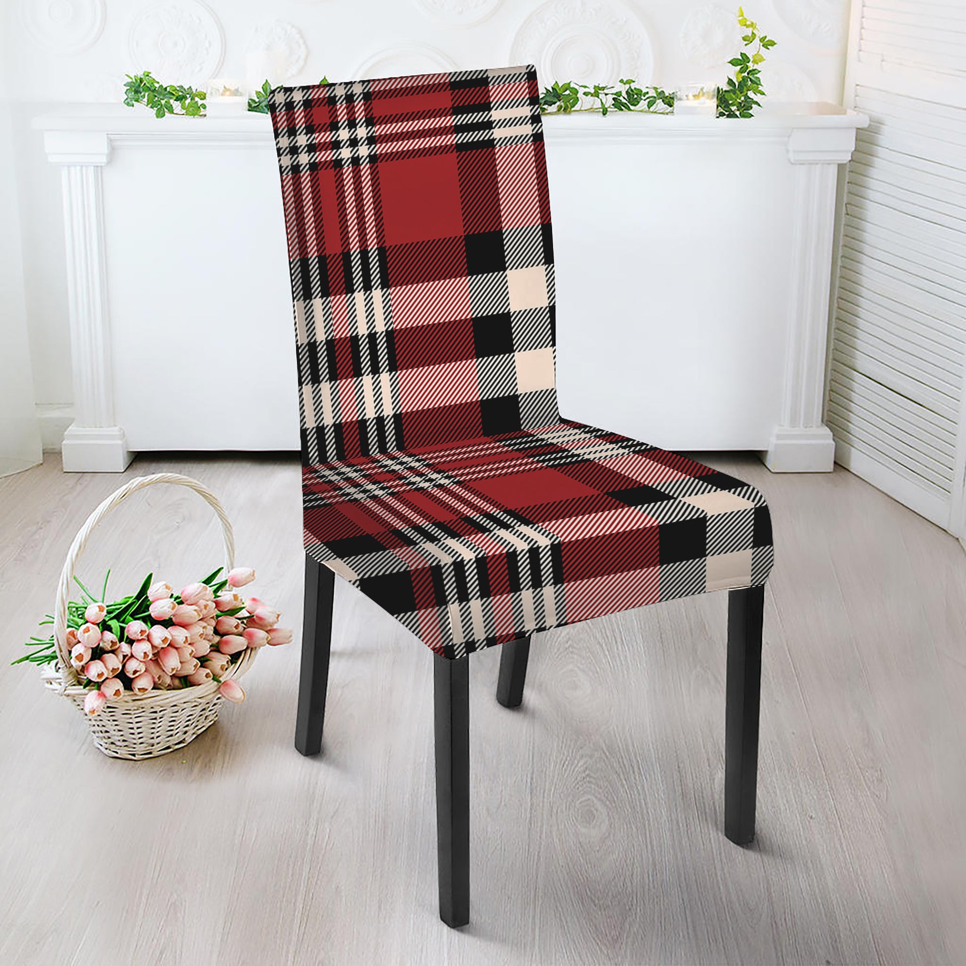 Red Black And White Border Tartan Print Dining Chair Slipcover