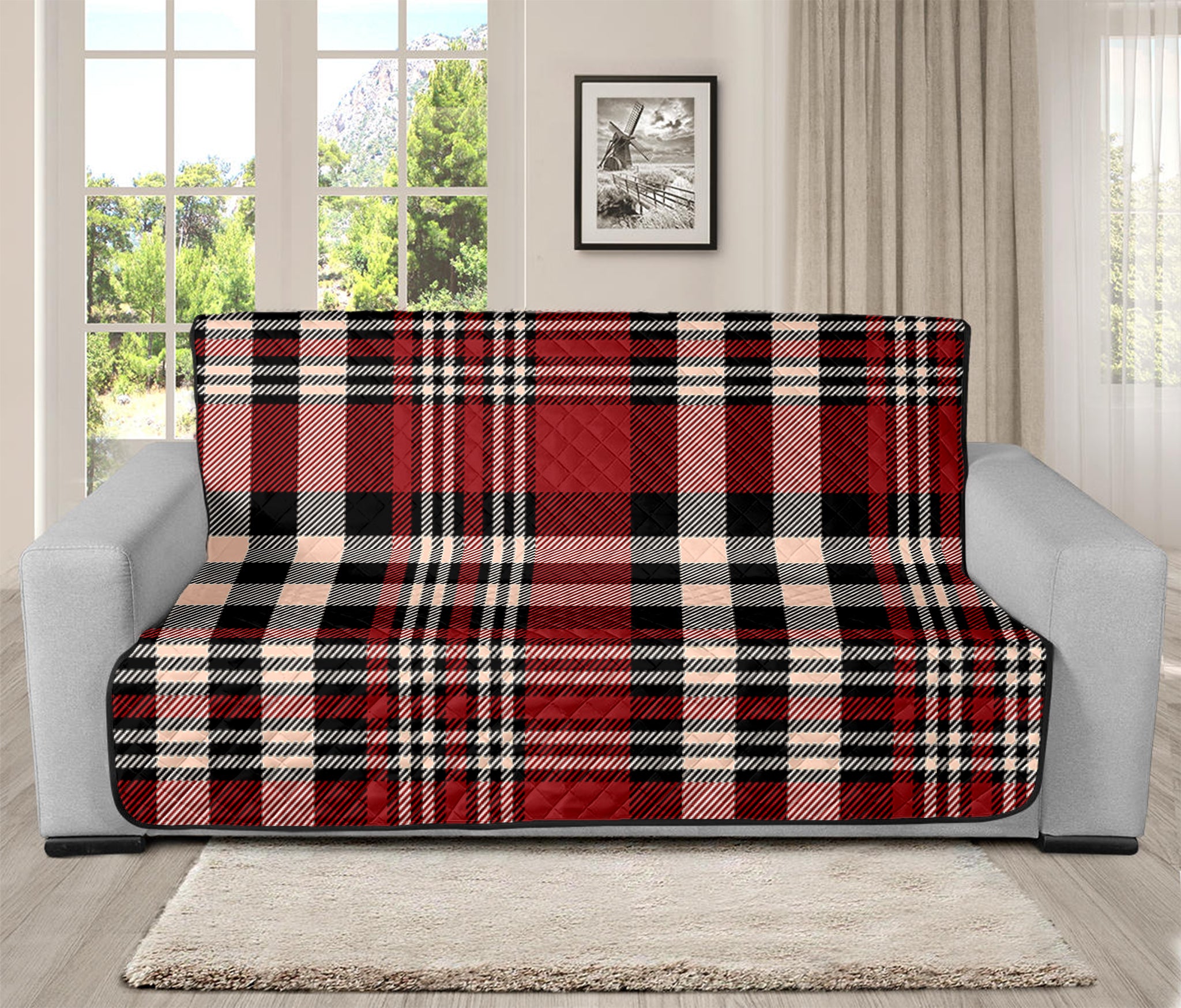 Red Black And White Border Tartan Print Futon Protector