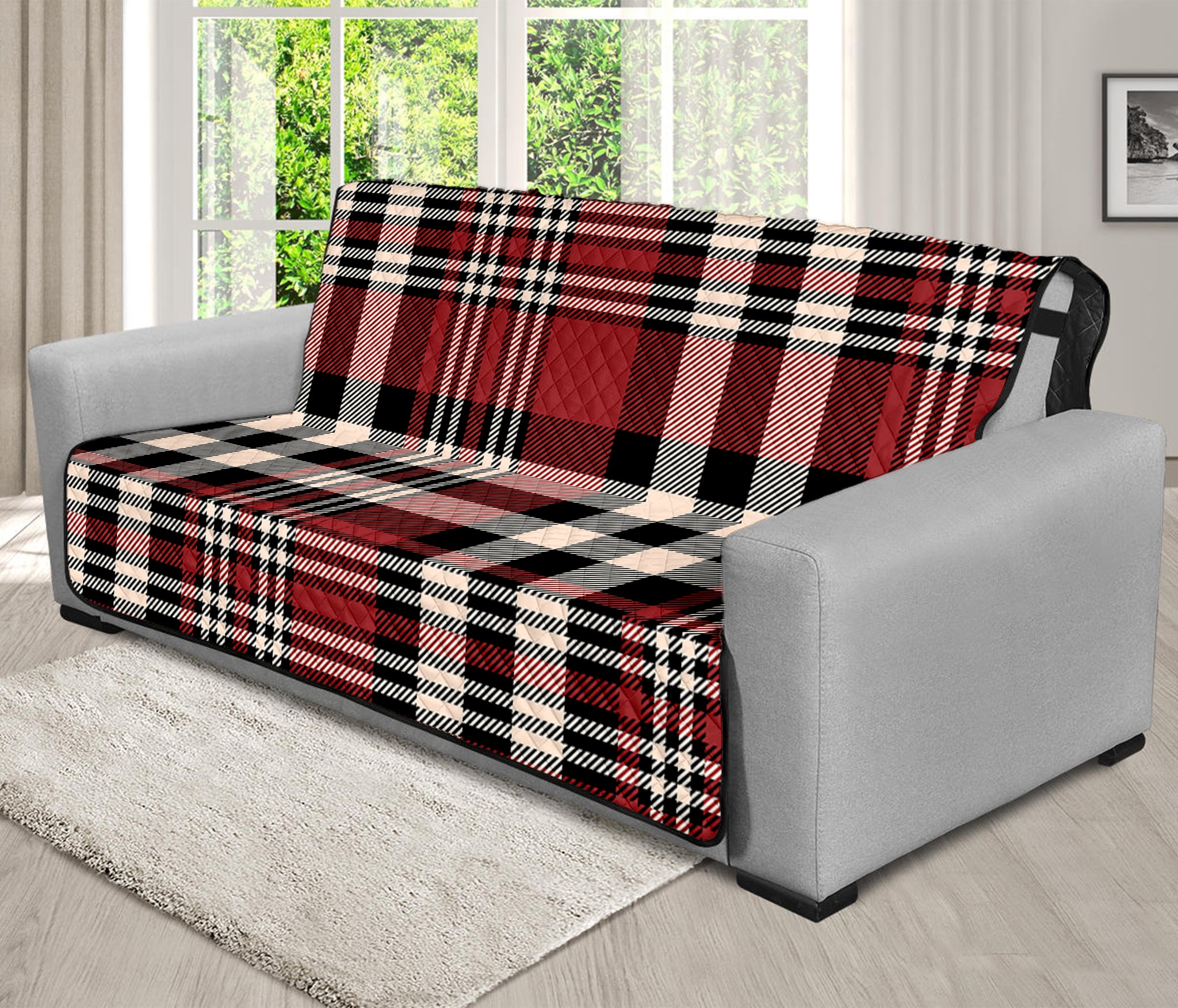 Red Black And White Border Tartan Print Futon Protector