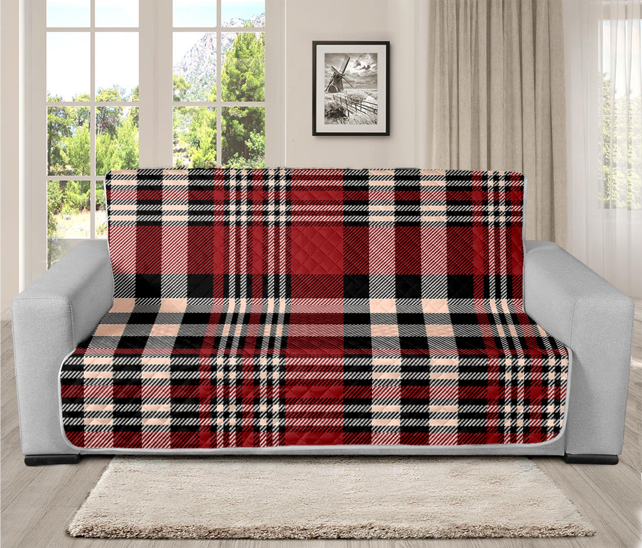 Red Black And White Border Tartan Print Futon Protector