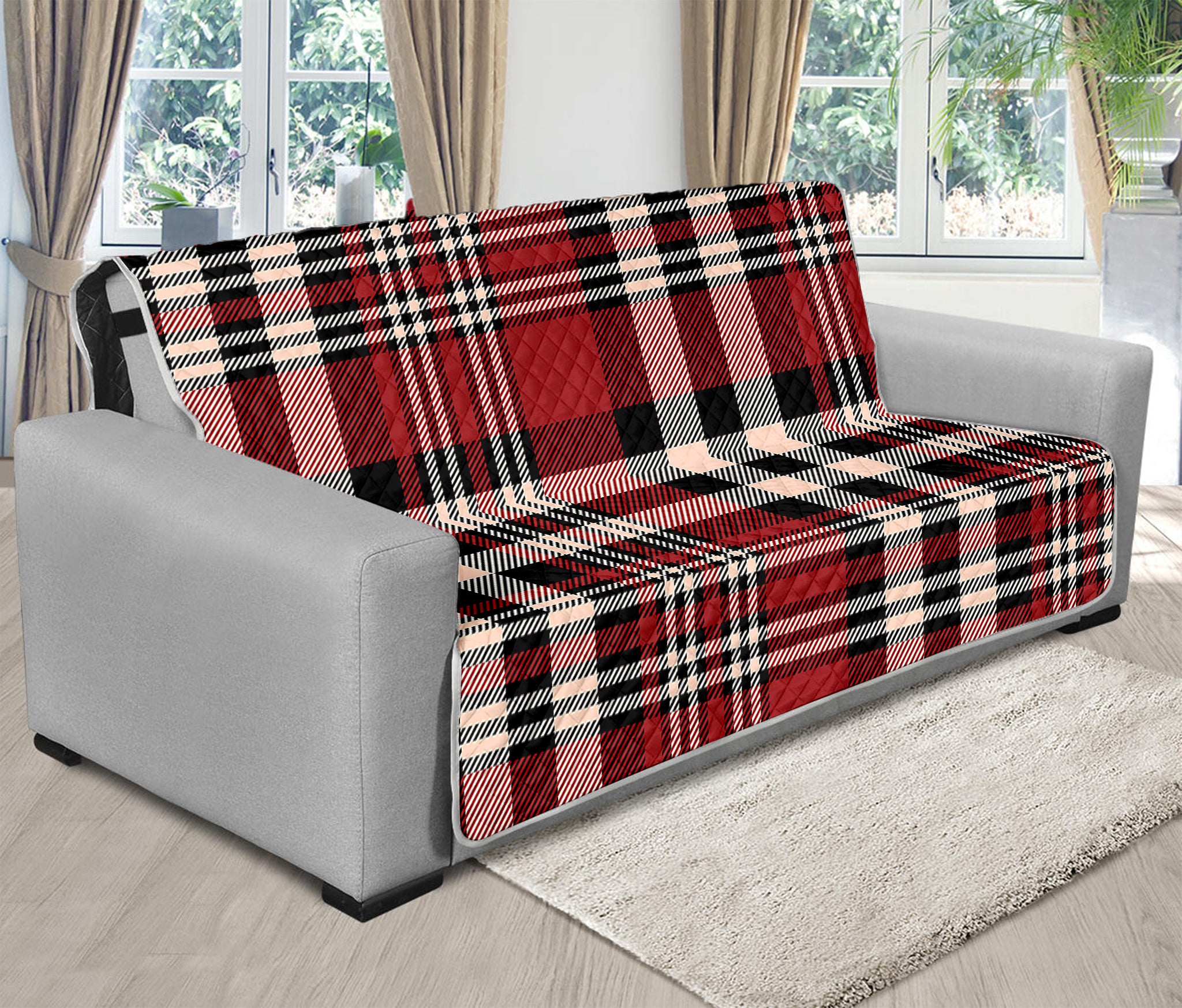 Red Black And White Border Tartan Print Futon Protector