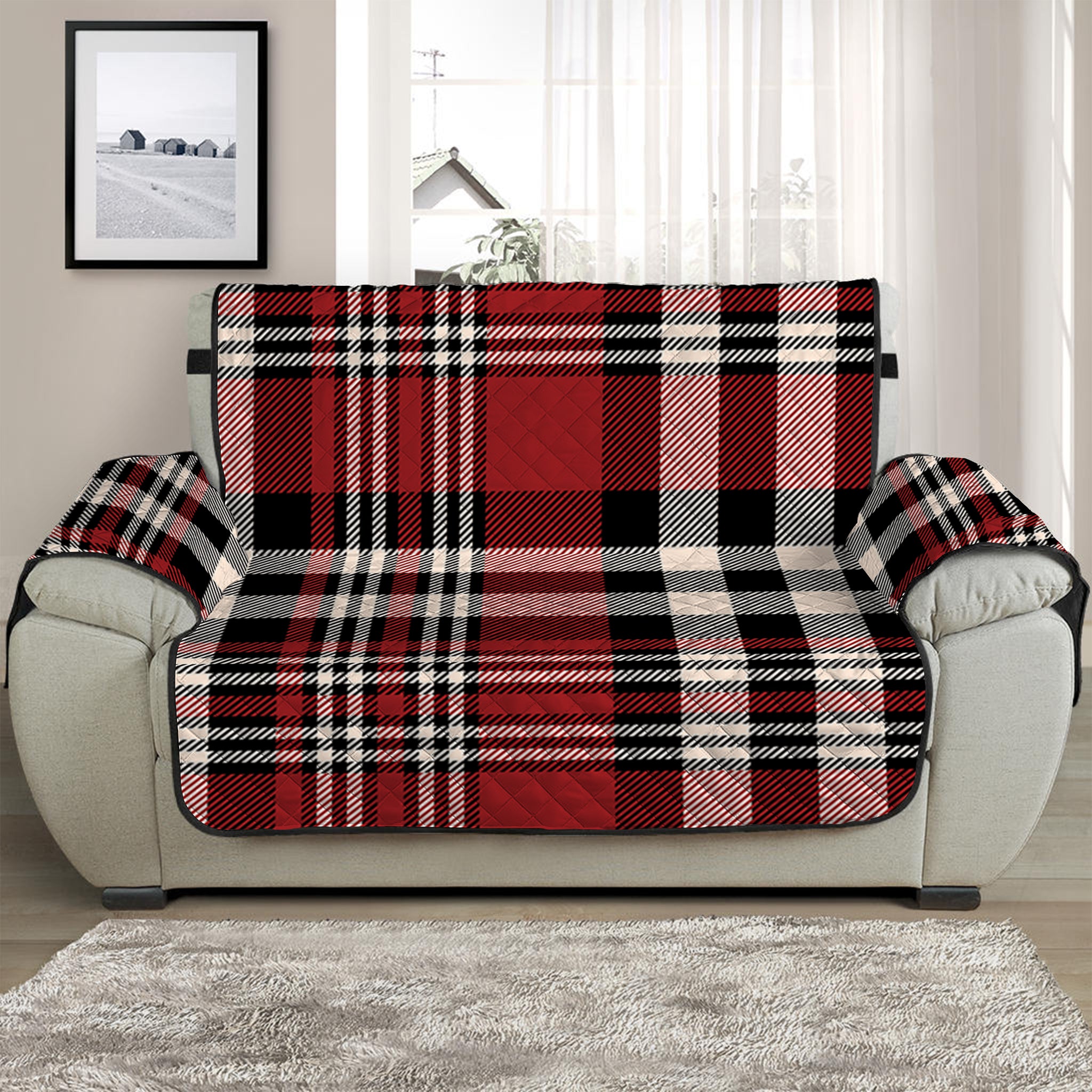 Red Black And White Border Tartan Print Half Sofa Protector