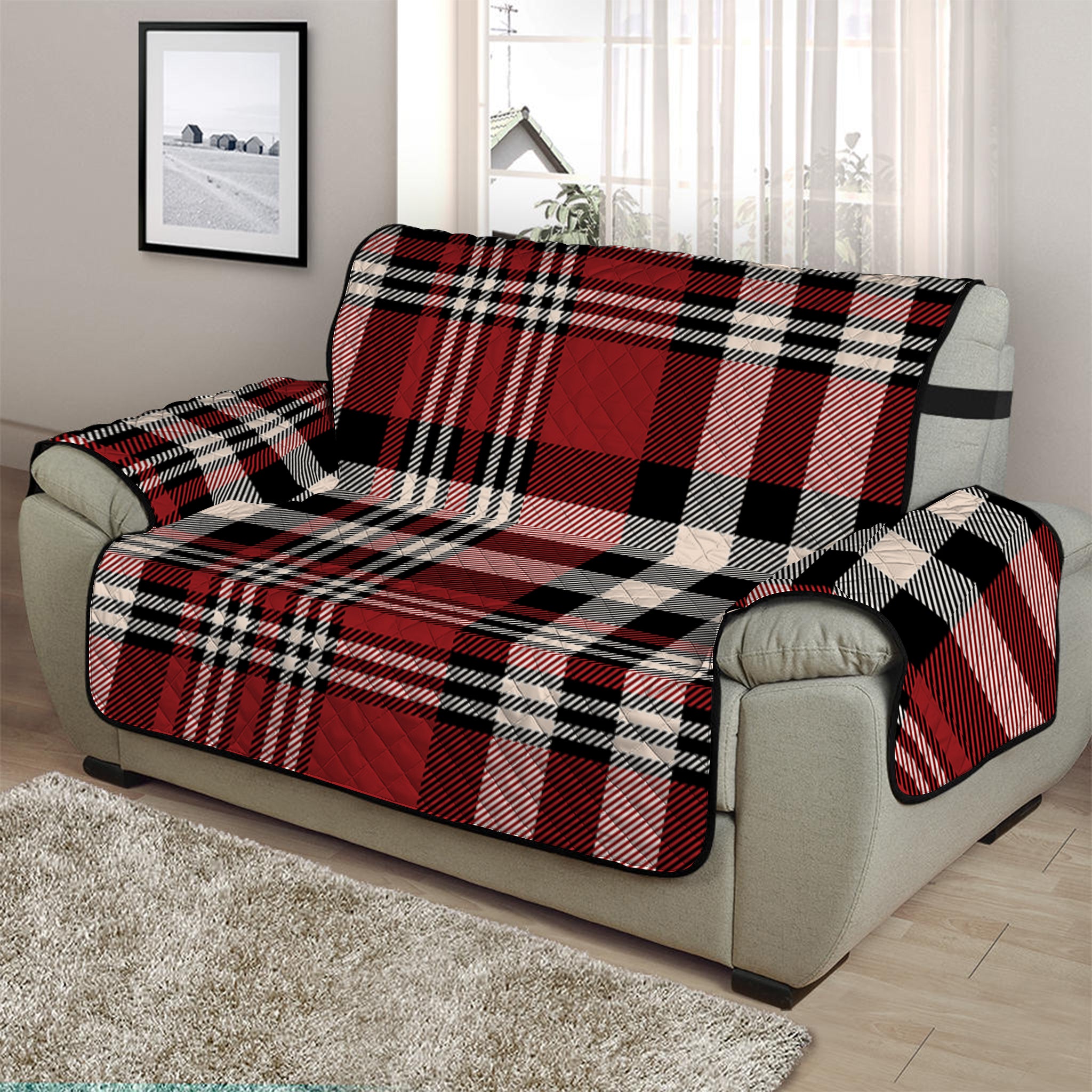 Red Black And White Border Tartan Print Half Sofa Protector