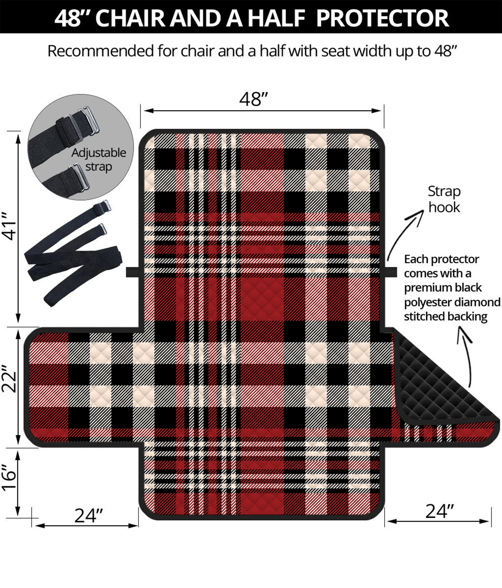 Red Black And White Border Tartan Print Half Sofa Protector