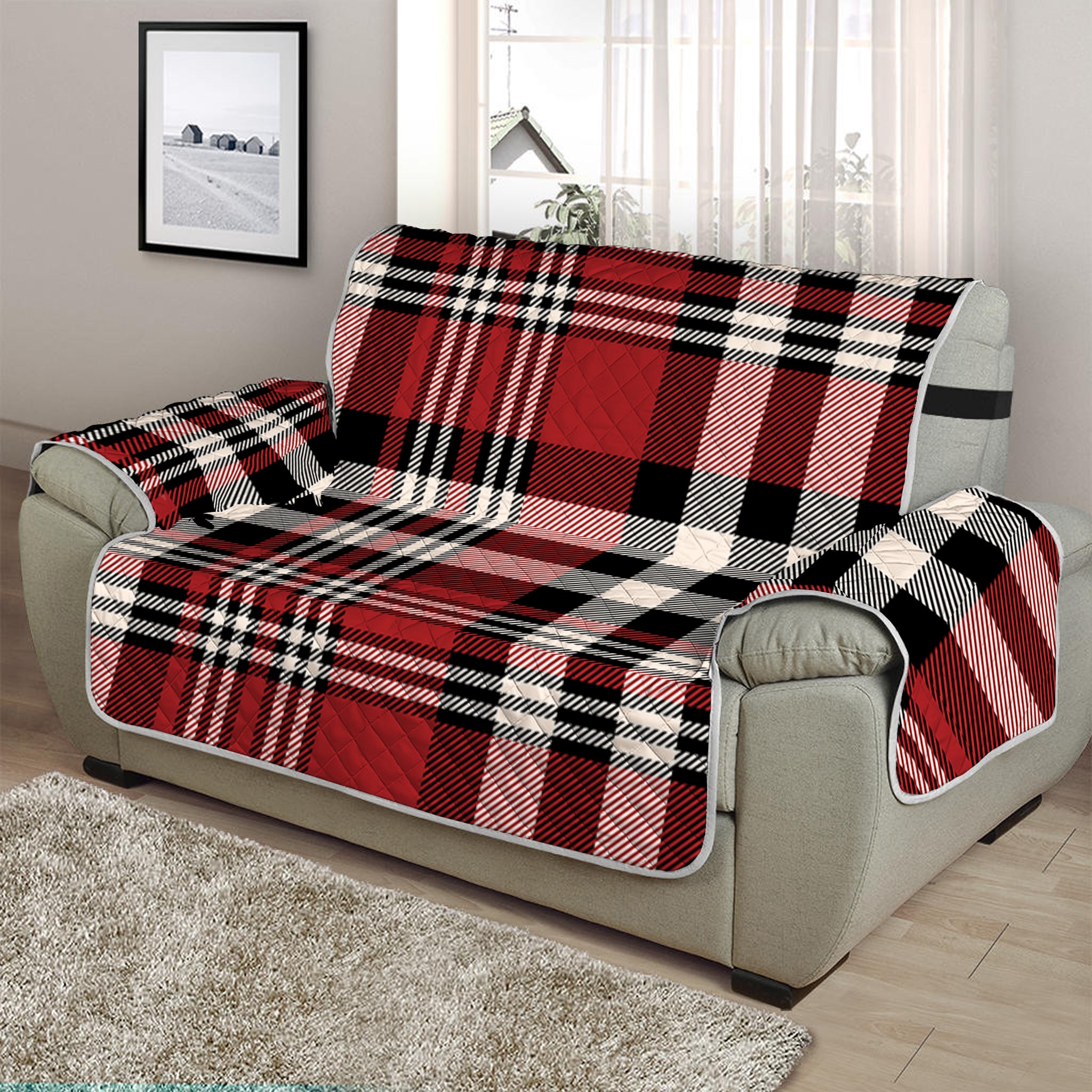 Red Black And White Border Tartan Print Half Sofa Protector