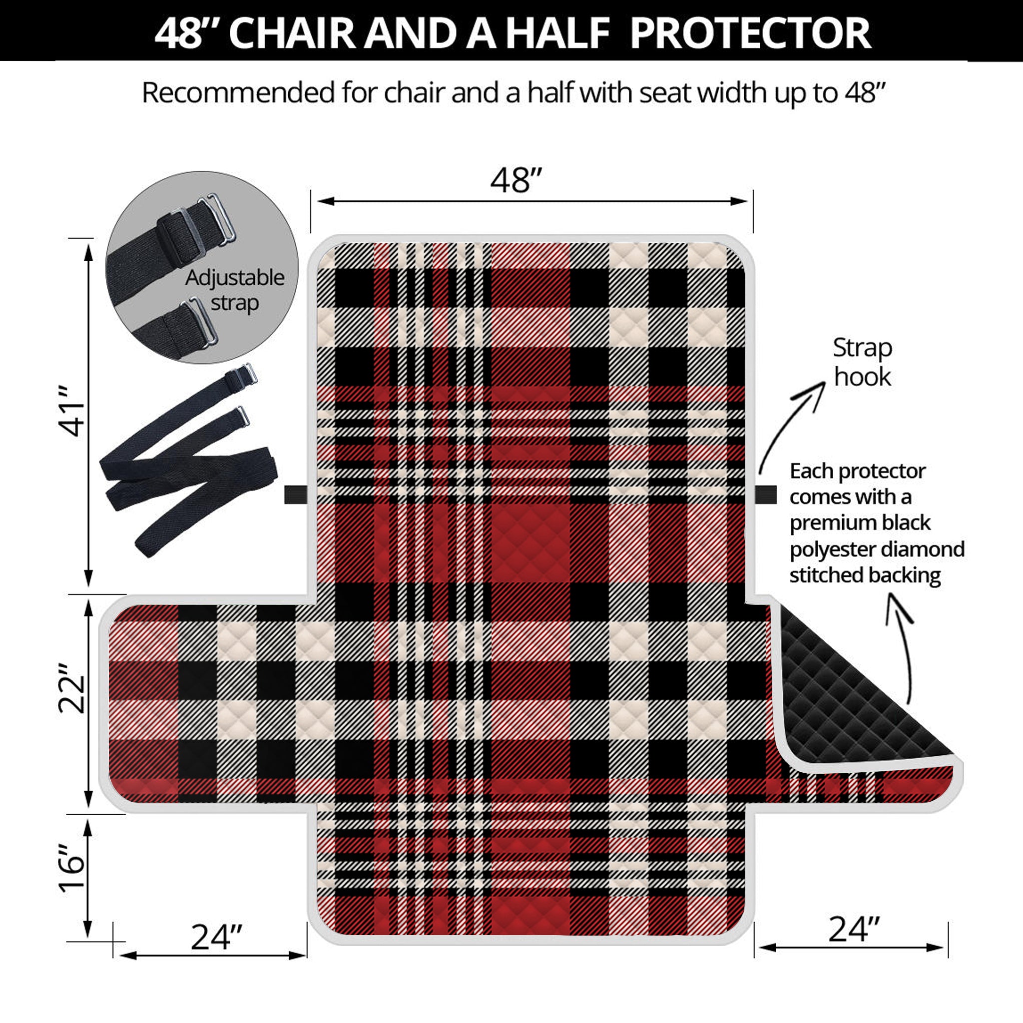 Red Black And White Border Tartan Print Half Sofa Protector