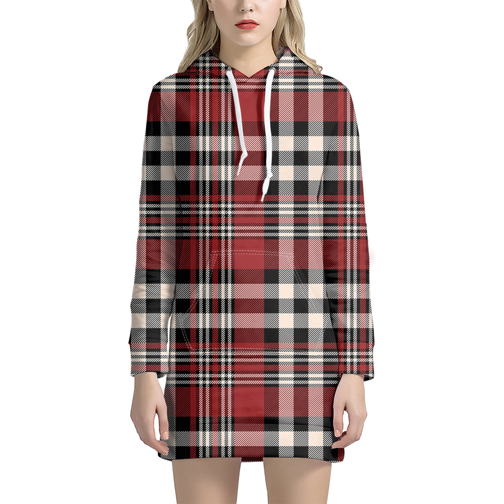 Red Black And White Border Tartan Print Hoodie Dress