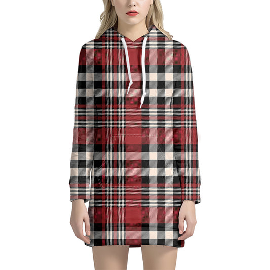Red Black And White Border Tartan Print Hoodie Dress