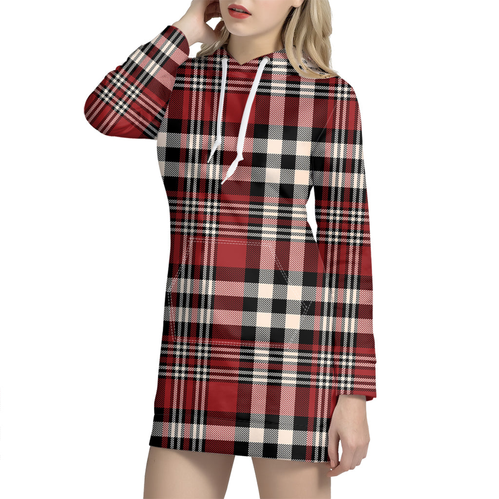 Red Black And White Border Tartan Print Hoodie Dress